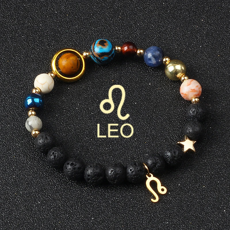 Eight Planets & Twelve Zodiac Beaded Bracelet, Natural Stone Cosmic Astrology Talisman