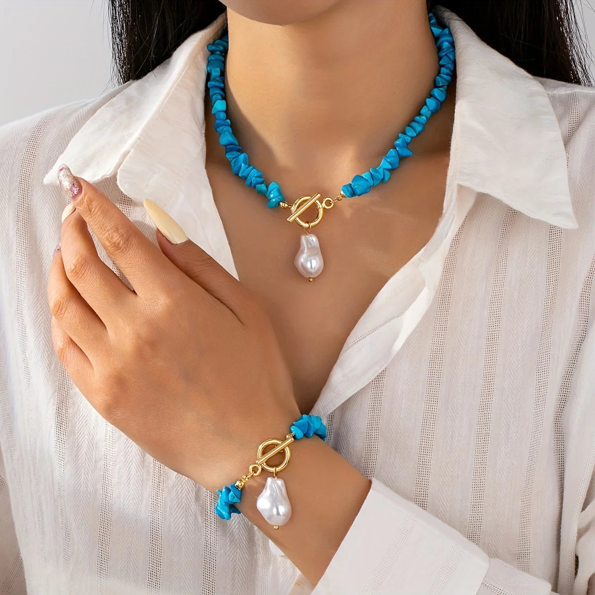 Boho Green Natural Stone Baroque Pearl Jewelry Set 13 Colors Toggle Clasp Necklace Bracelet For Women Fashion Gift - Charlie Dolly