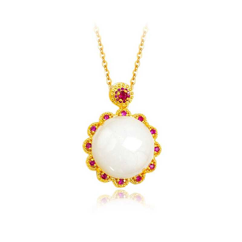 HOYON 18K Gold Color Necklace for Women Jade Chalcedony Gems Sunflower Pendant Inlaid Zircon Pendant Clavicle Chain Neck Collar