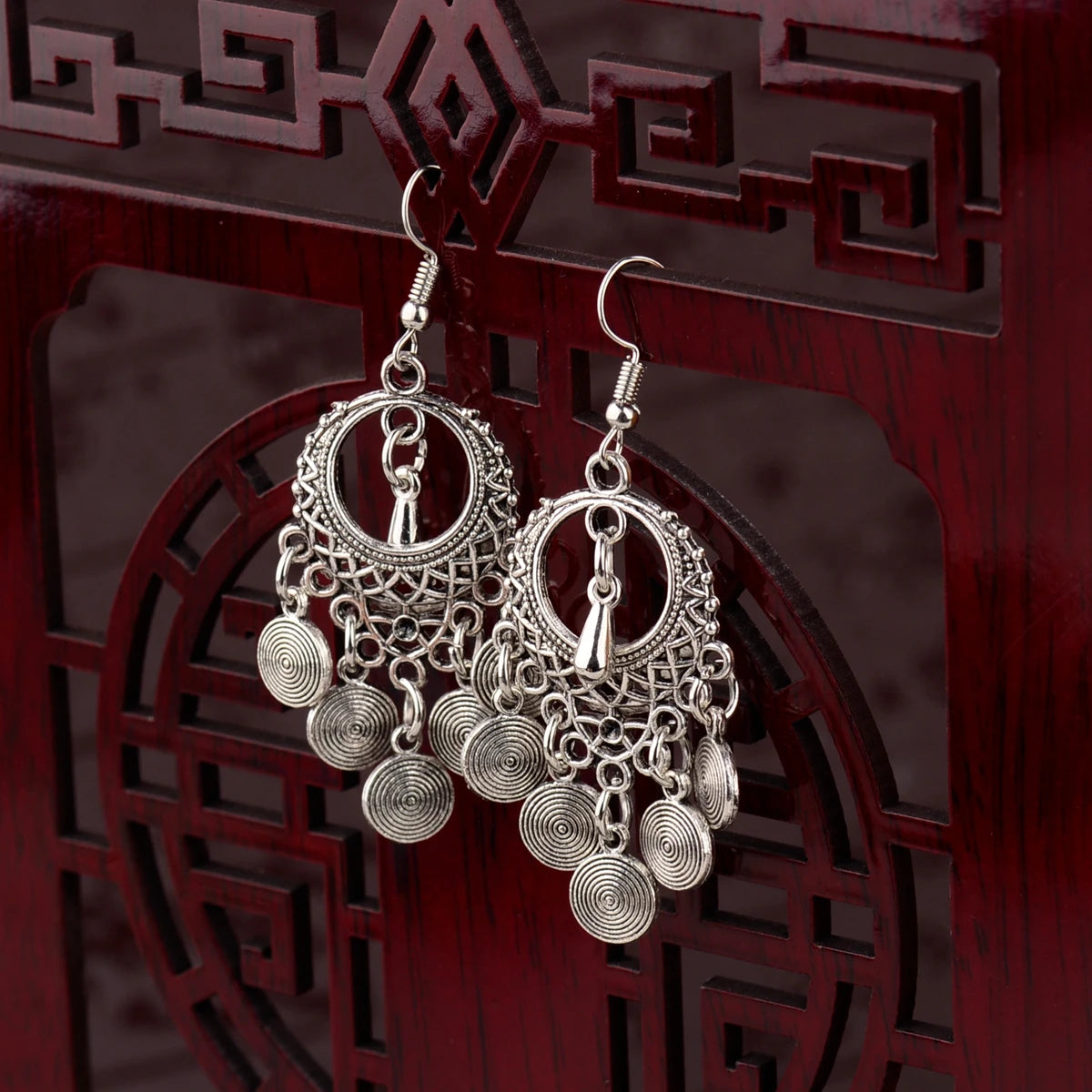 Silver Hollow Round Leaf Tassel Jhumki Earrings Jewelry