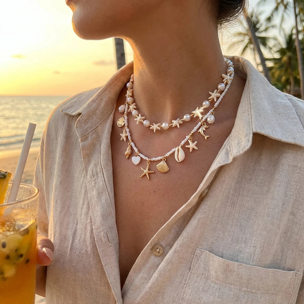 Multilayer Shell and Starfish Pearl Handmade Choker