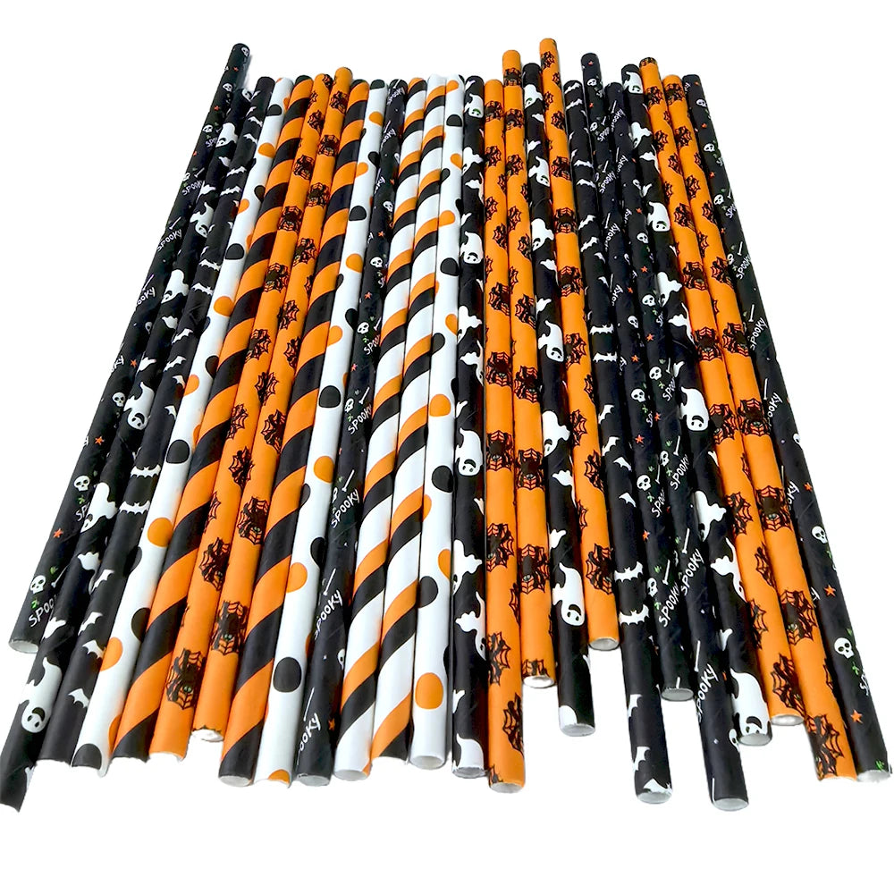 25/50/100pcs Halloween Party Favors Paper Straws Black and Orange Party Biodegradable Drinking Stripe Straws for Halloween - Charlie Dolly