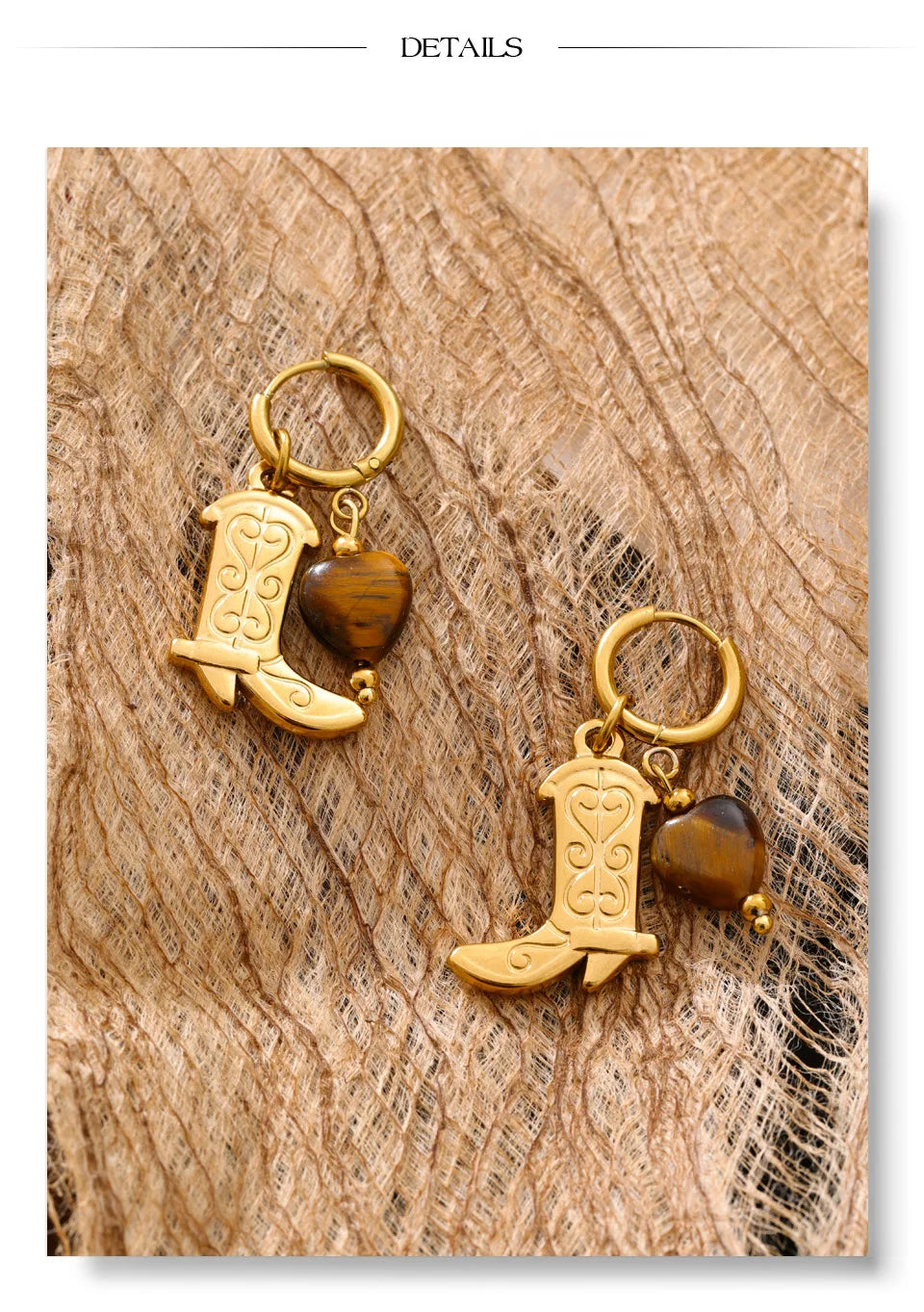 Natural Tiger Stone Boot Charm Drop Hoop Earrings, Stainless Steel Vintage Jewelry