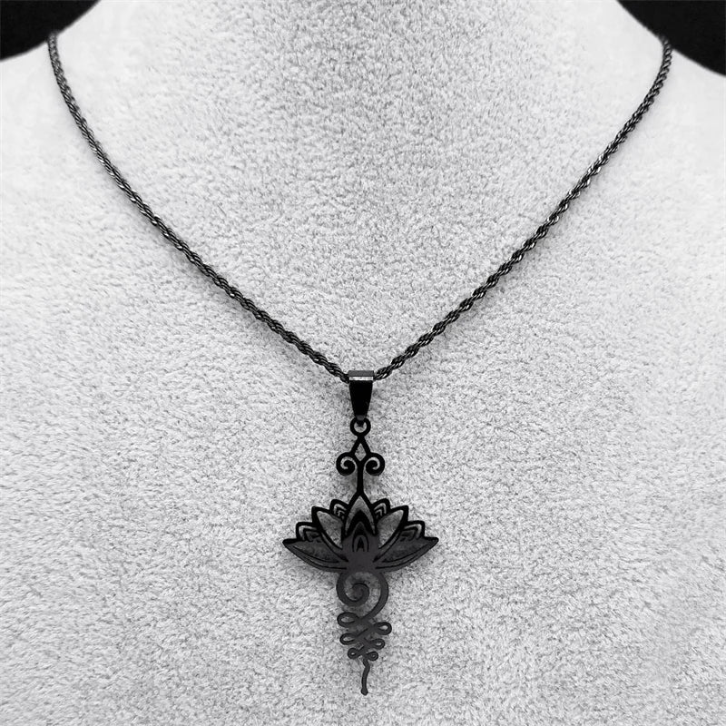 Artistic Lotus Flower Pendant Necklace, Stainless Steel Black Chakra Goth Talisman