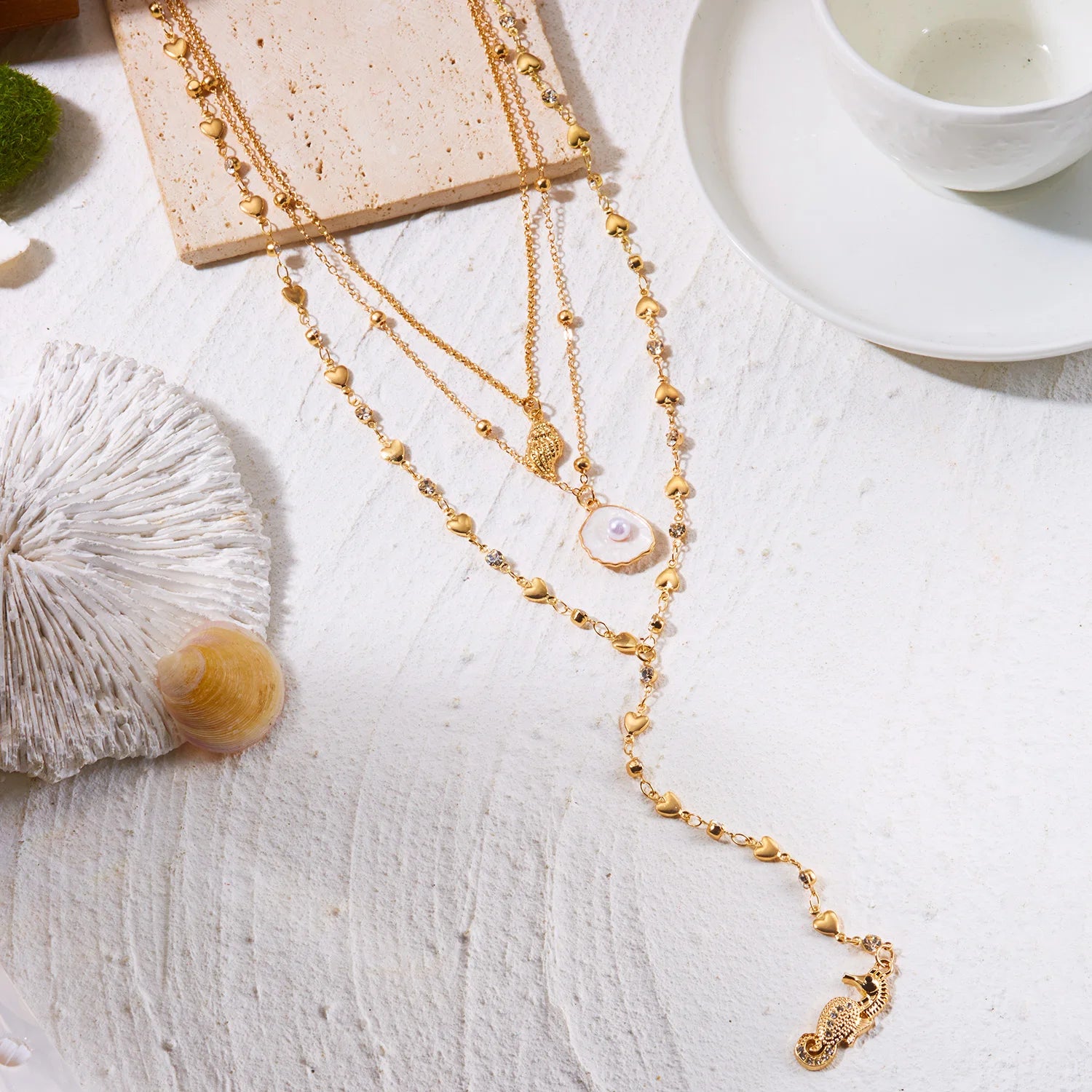 Sea Turtle, Dolphin and Starfish Y Drop Boho Necklace