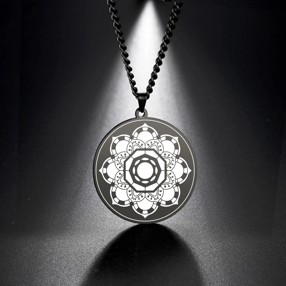Lotus Chakra Mandala Pendant Necklace, Stainless Steel Buddhist Hindu Meditation Amulet