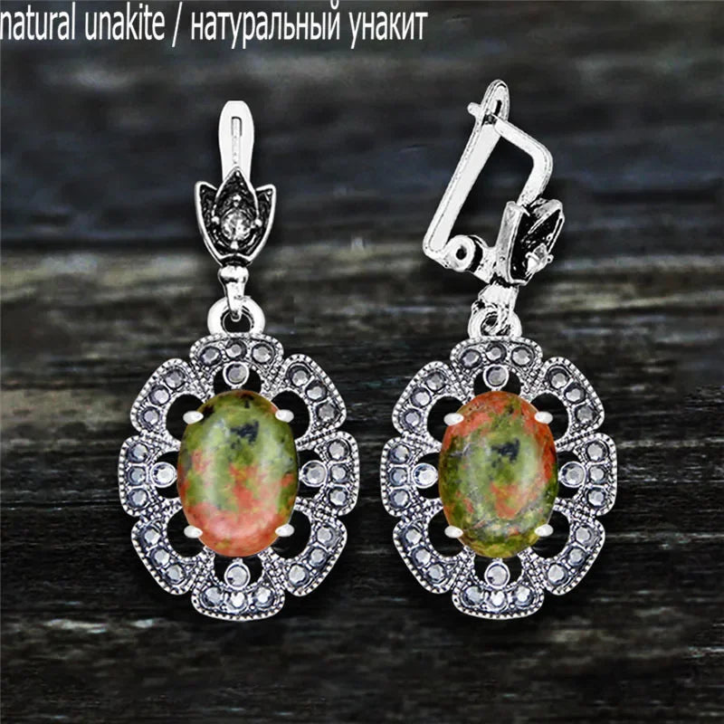 Vintage Plumflower Natural Jades Quartz Earrings For Women Antique Silver Plated Lapis Lazuli Tiger Eye Stone Fashion Earring - Charlie Dolly