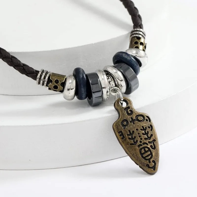 Braided Leather Bead Charm Necklace Jewelry