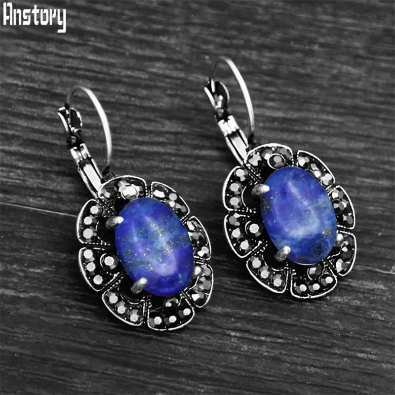 Vintage Plumflower Natural Lapis Lazuli Rhinestone Earrings For Women Tibetan Silver Plated Natural Stone Tiger Eye Earring - Charlie Dolly