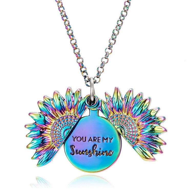 You Are My Sunshine Vintage Sunflower Pendant Double-layer Open Locket Sunflower Sweater Necklaces for Women Mother Jewelry Gift