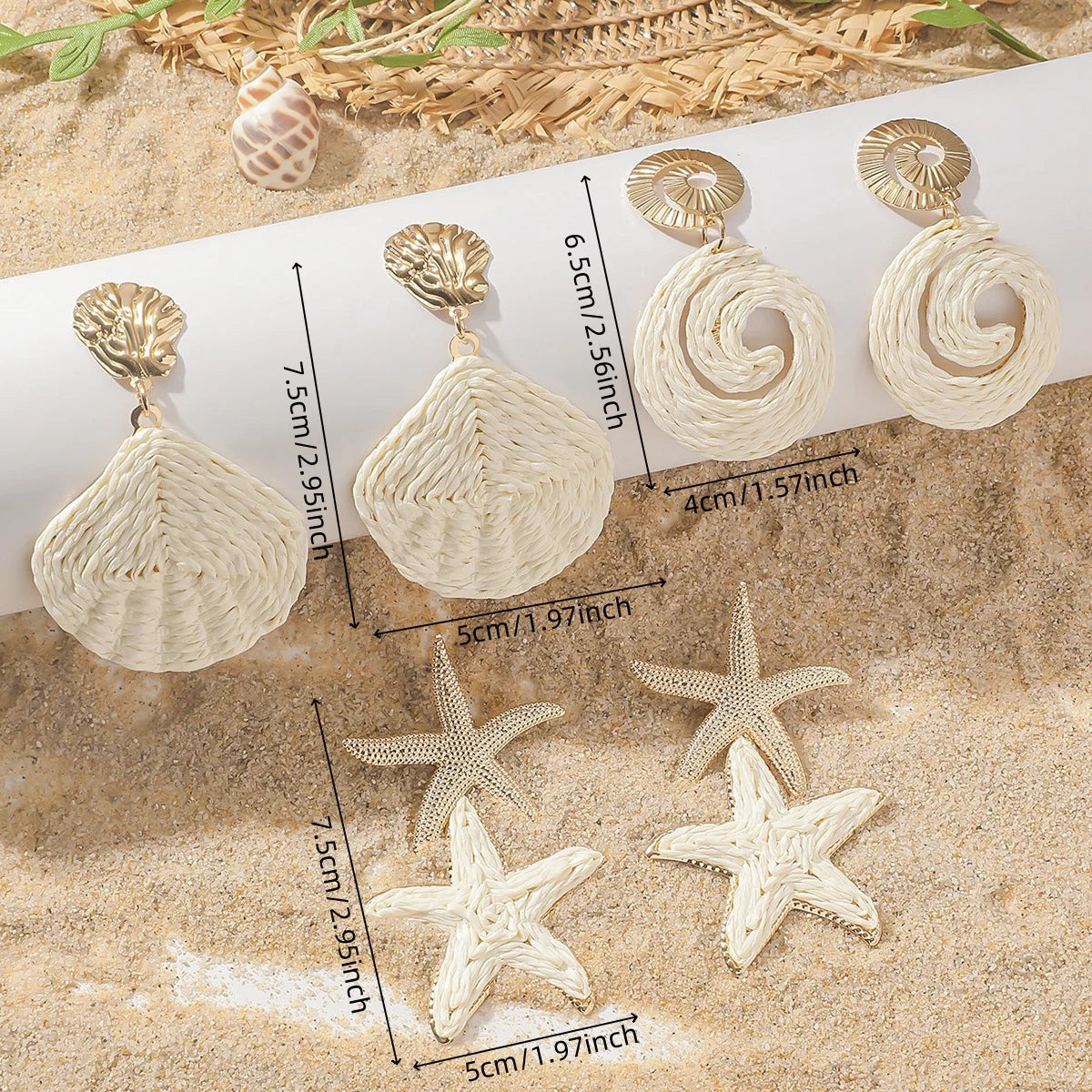 Ocean Rattan Raffia Shell and Starfish Drop Earrings