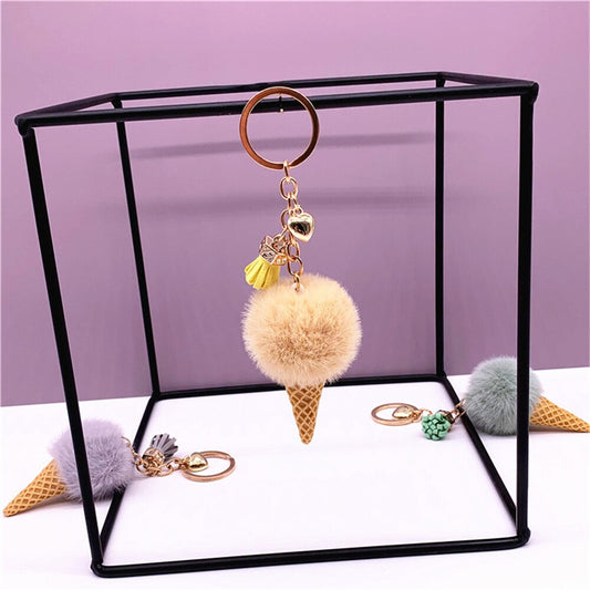 1pc Fashion Cute Mini Ice Cream Key Ring With Tassel Student Fluffy Pom Pom Velvet Plush Keychain For Girls Bag Decoration Gift - Charlie Dolly