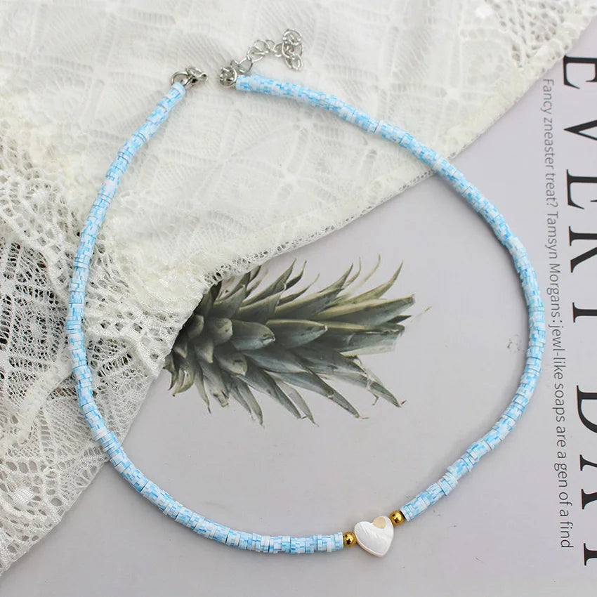 Polymer Clay Heart and Natural Shell Bead Boho Choker