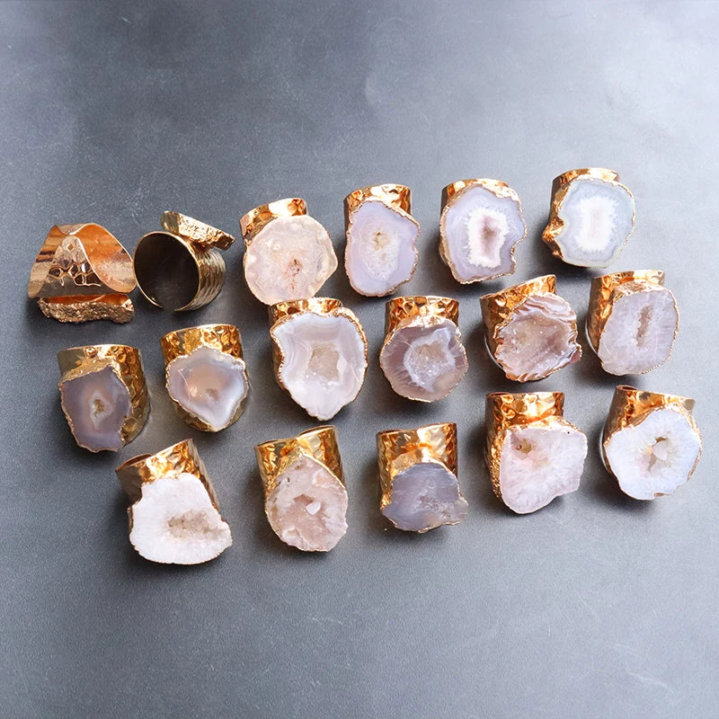 Irregular Geode Stone Agate Slices Open Ring Unisex Black Color Boho Resizable Finger Jewelry - Charlie Dolly