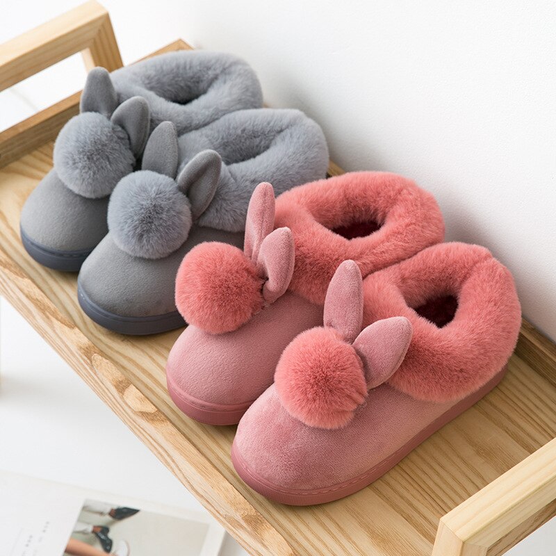 FONGIMIC Women Winter Slippers Warm Cute Cotton Slippers Ladies Autumn Velvet Home Floor Thick Bottom Cartoon House Rabbit Shoes