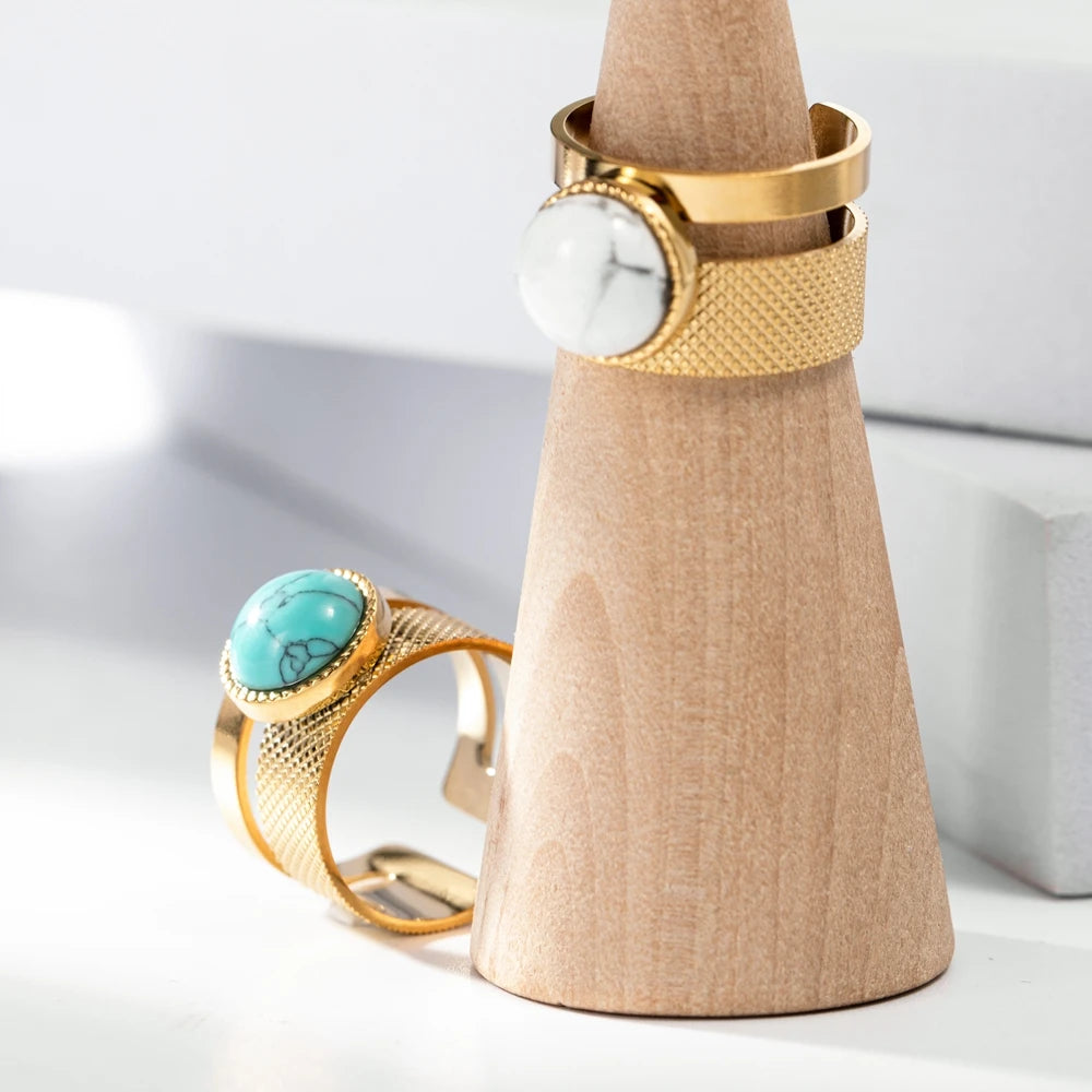 WILD & FREE Boho Stainless Steel Rings For Women Glamour Trendy Gold Color Inlaid Natural Stone Statement Jewelry - Charlie Dolly