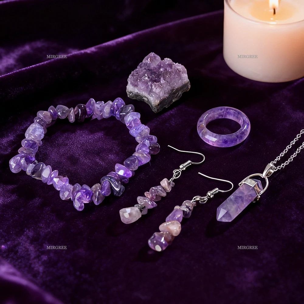 Natural Amethyst 5-Piece Crystal Set, Bracelet Necklace Ring & Earrings Healing Gift