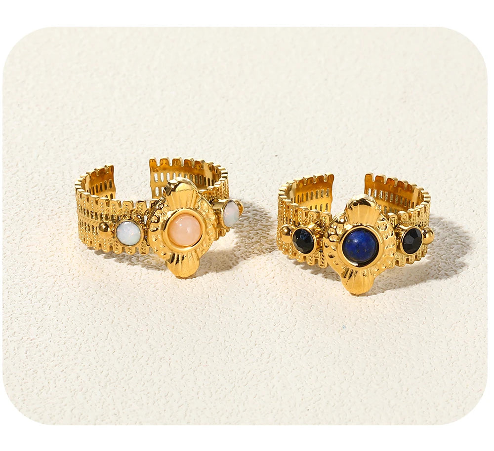 YACHAN Boho Vintage Stainless Steel Rings for Women Pink Natural Stone Lazurite 18K Gold Plated Aesthetic Trend Jewelry - Charlie Dolly