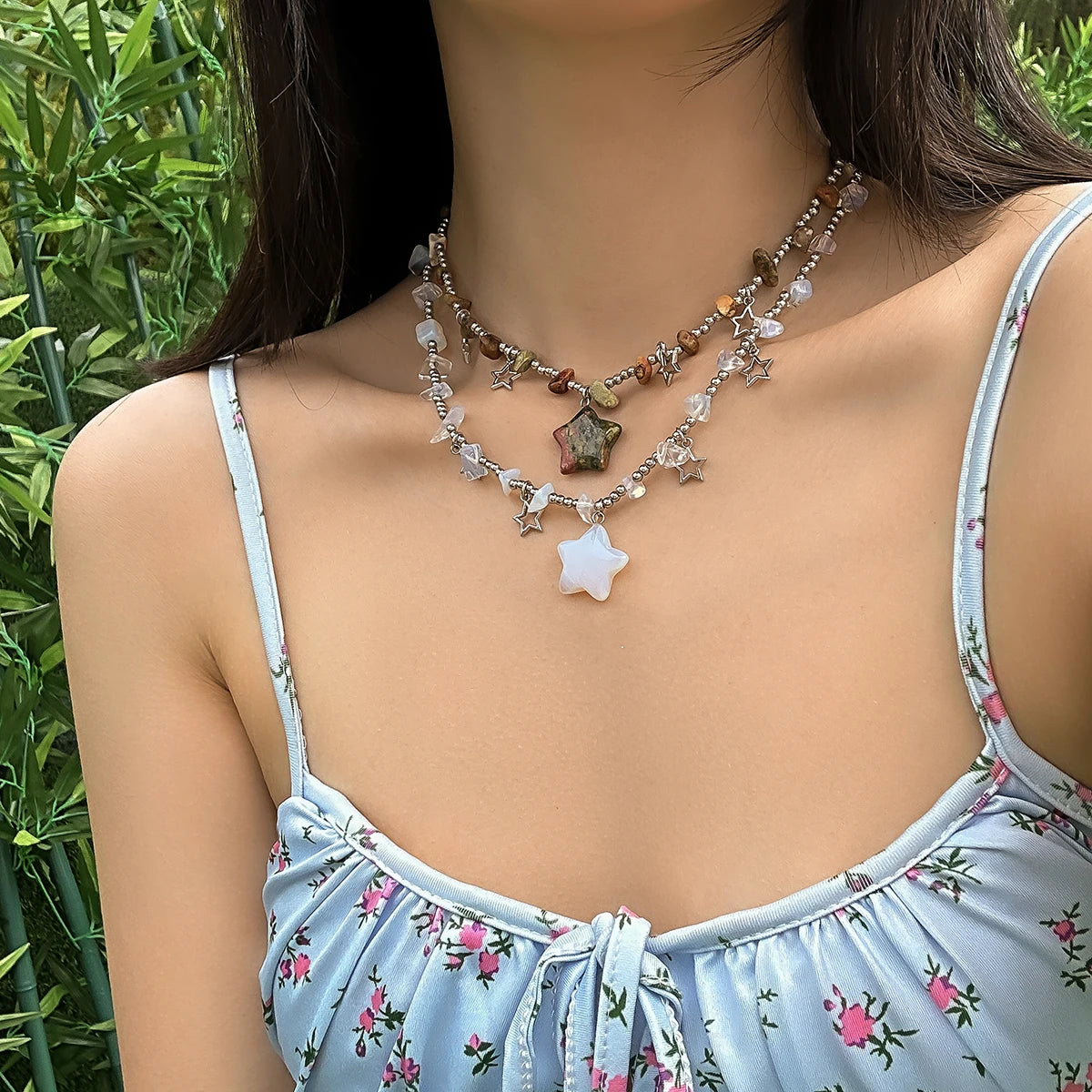 Boho Kpop Colorful Irregular Natural Stone Hollow Star Pendant Choker Necklace Women Goth Beads Chain Y2K Jewelry Accessorie New - Charlie Dolly