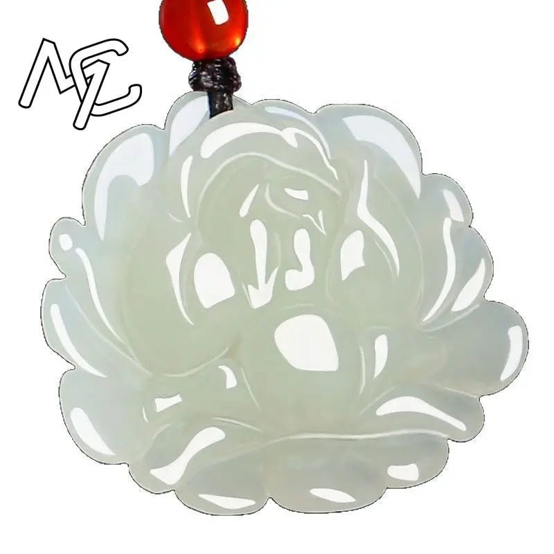 Natural Hotan Jade Lotus Flower Pendant, Boho Sacred Amulet Necklace