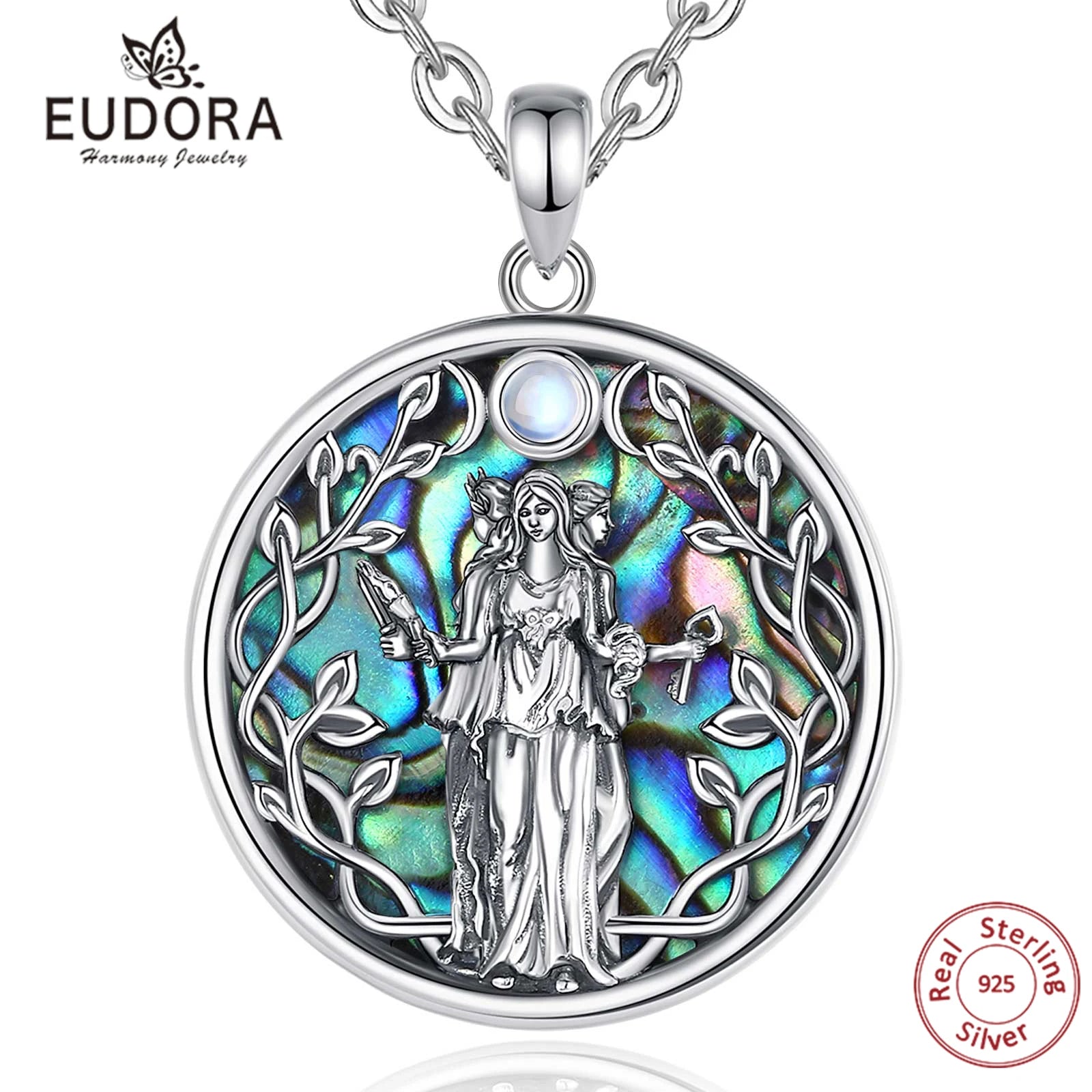 S925 Sterling Silver Triple Moon Goddess Pendant Necklace, Hecate Natural Abalone Amulet