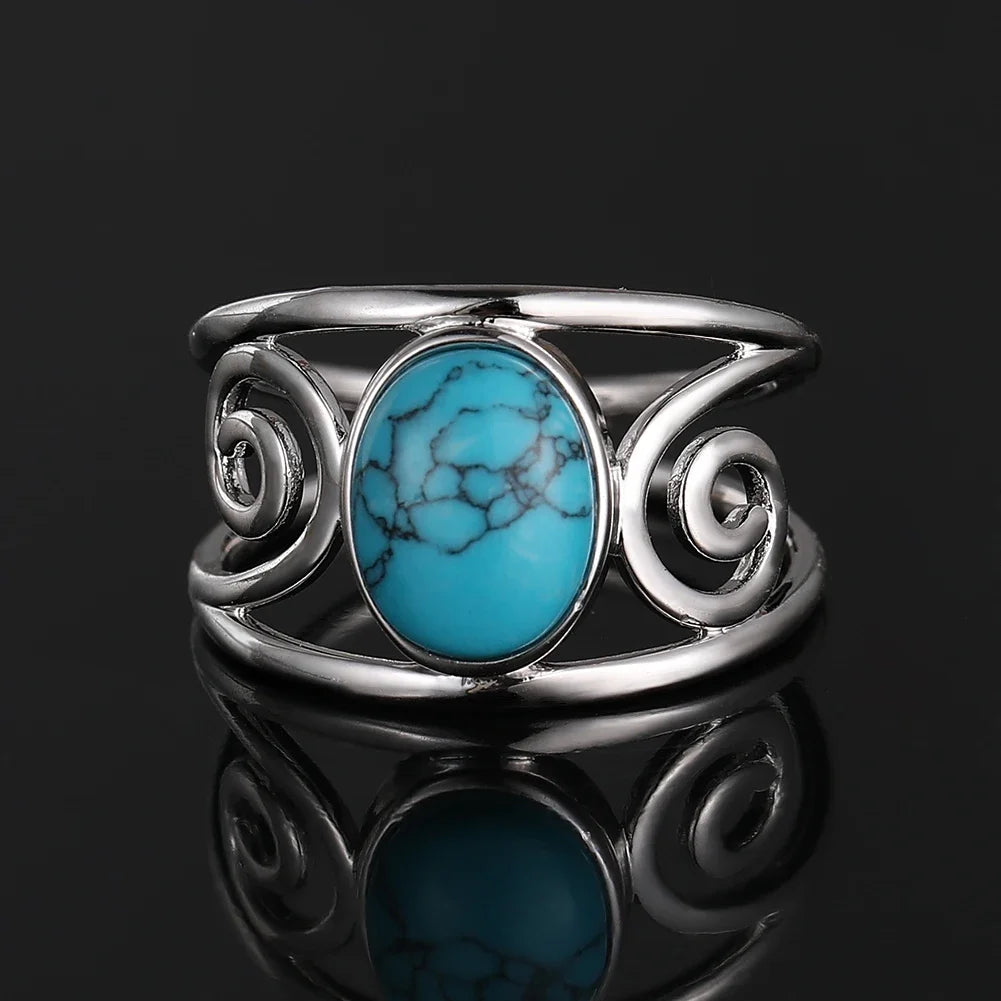 Vintage Spiral Swirl Ring Oval Natural Stone Inlay Open Band Minimalist Boho Statement Ring for Women Fashion Jewelry Wholesale - Charlie Dolly