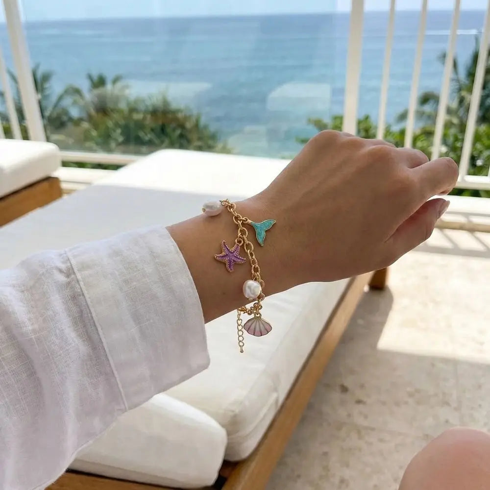 Pearl, Shell and Starfish Gold Tassel Boho Bracelet