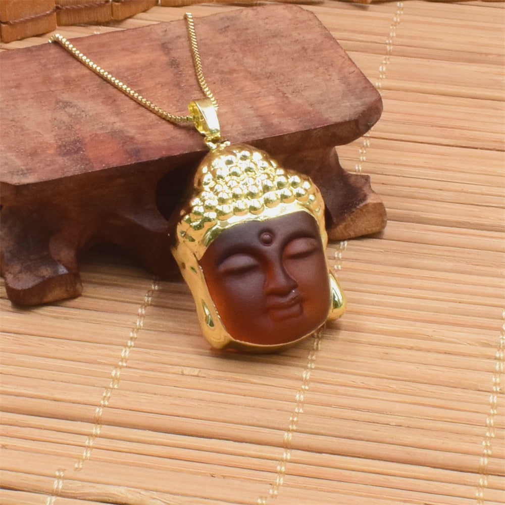 Religious Chinese Style Beliefs Buddhist Buddha Head Pendant Necklace Obsidian Buddha Copper Gold-plated Box Chain Necklace