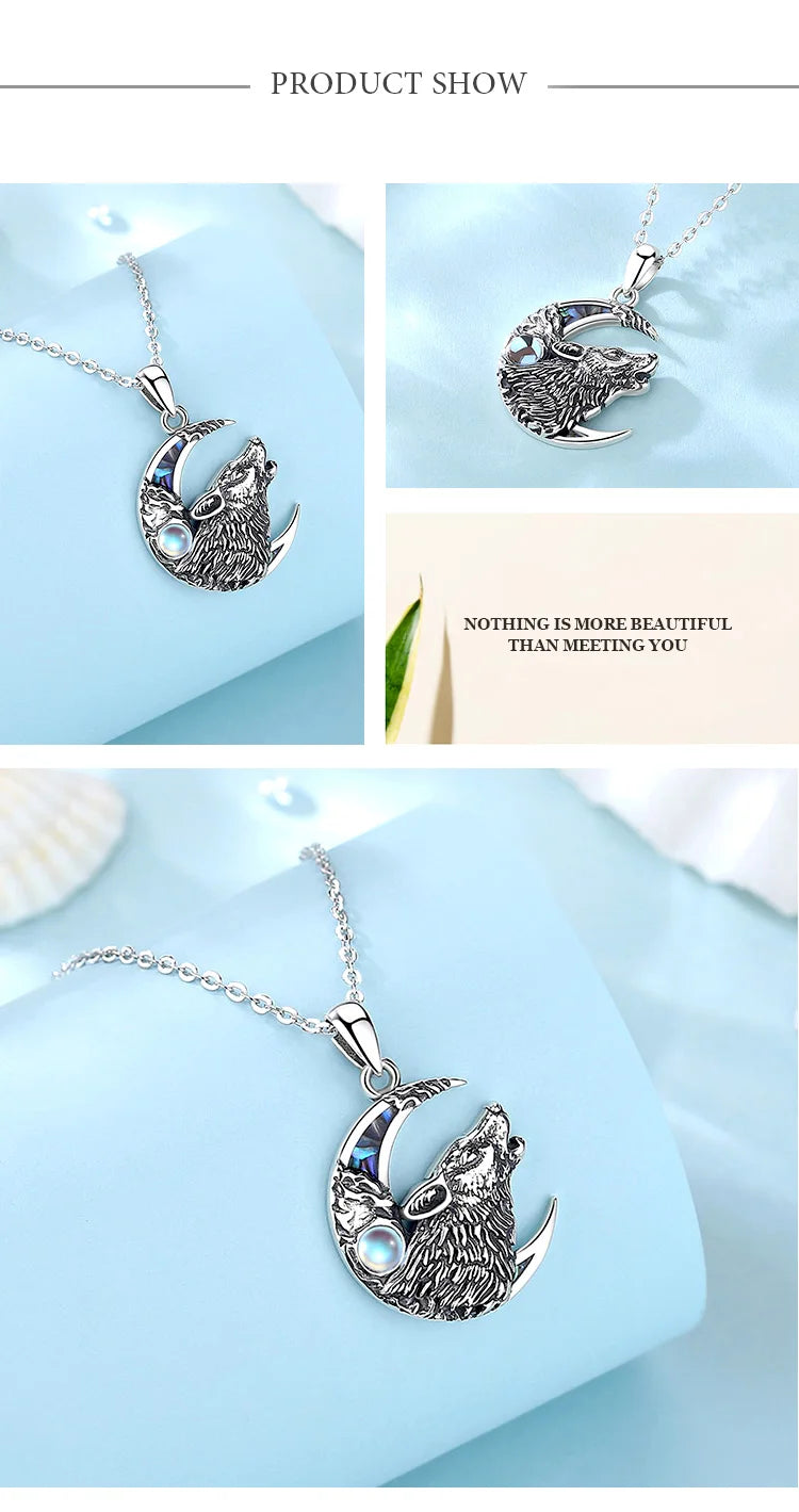 Wolf on the Moon Necklace with Moonstone, S925 Sterling Silver