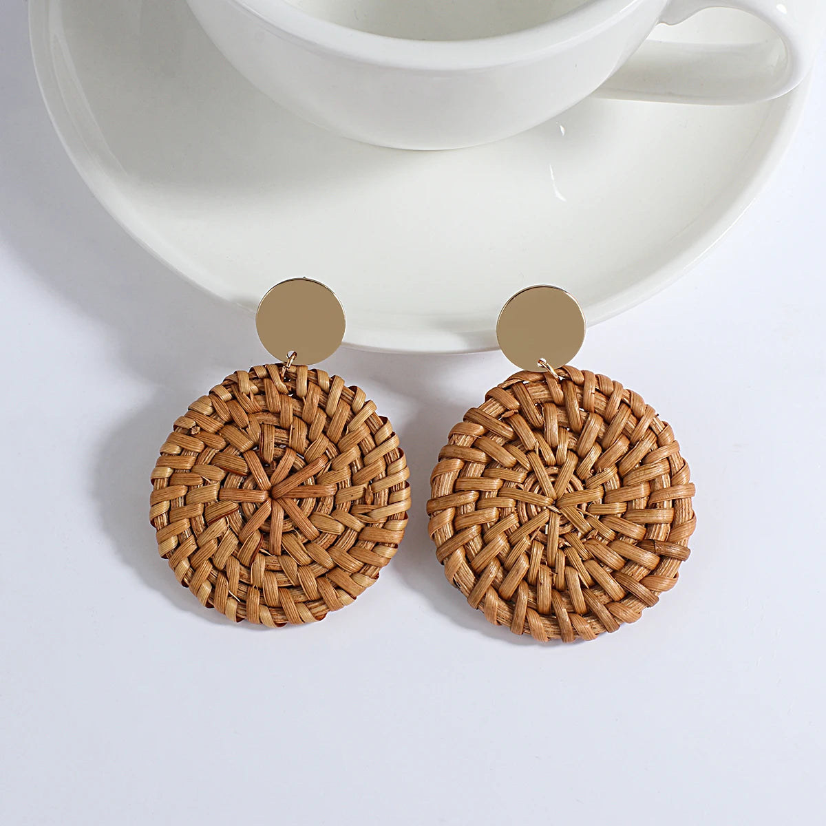 Wooden Rattan Braid Geometric Drop Earrings Jewelry