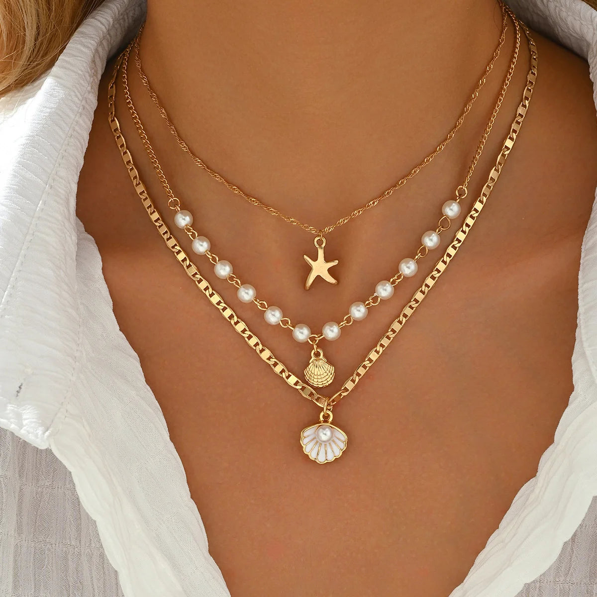 Multilayer Shell, Starfish and Pearl Boho Choker Set (3 Pieces)