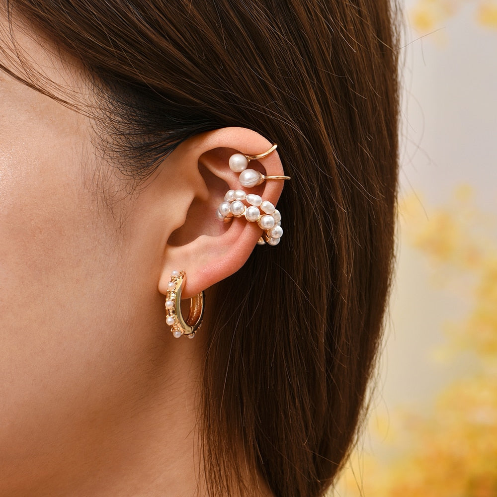 2023 New Fashion Pearl Ear Cuff Bohemia Stackable C Shaped CZ Rhinestone Small Earcuffs Clip Earrings for Women Wedding Jewelry