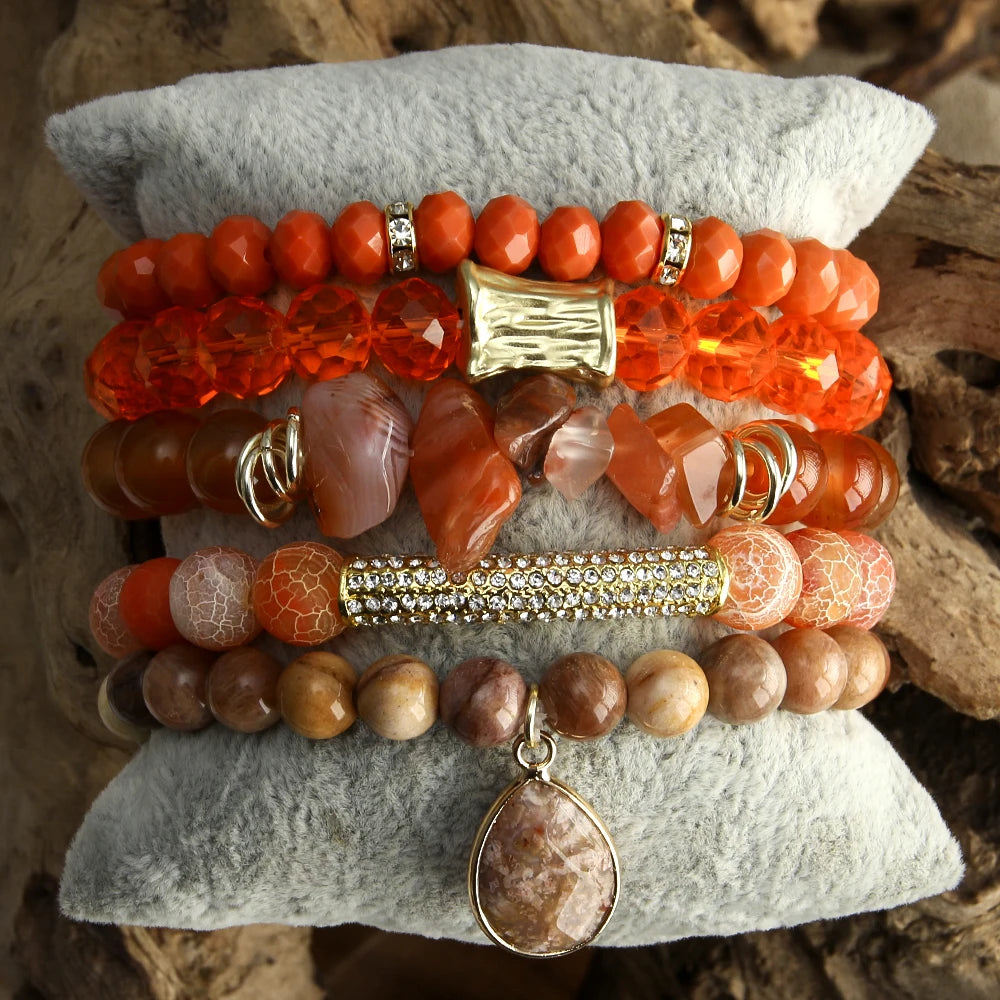 Fashion Beaded Boho Bracelet 5pc Green Natural Stone /Glass Stack Bracelet Sets For Women Boho Jewelry Gift - Charlie Dolly