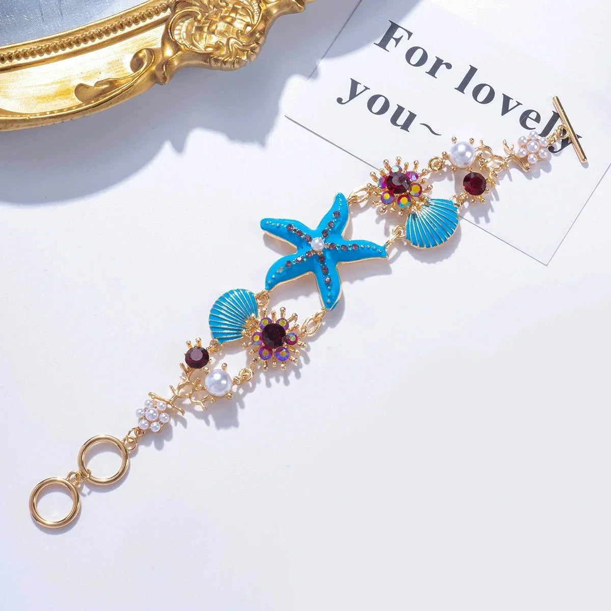 Starfish Shell Crystal and Pearl Boho Bangle Bracelet