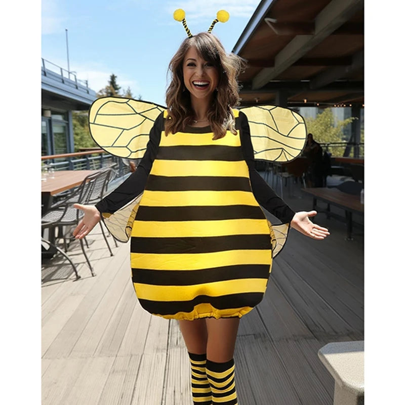 Halloween Striped Patchwork Bee Costume for Women Funny Animal Adult Costumes with Knee-high Socks and Hair Hoop Cosplay Outfit As shown / XL Halloween Striped Patchwork Bee Costume for Women Funny Animal Adult Costumes with Knee-high Socks and Hair Hoop Cosplay Outfit As shown / XL