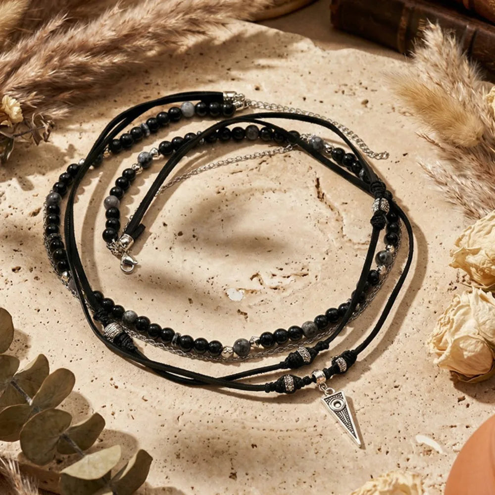 Triangle Onyx Bead Layered Leather Necklace Jewelry