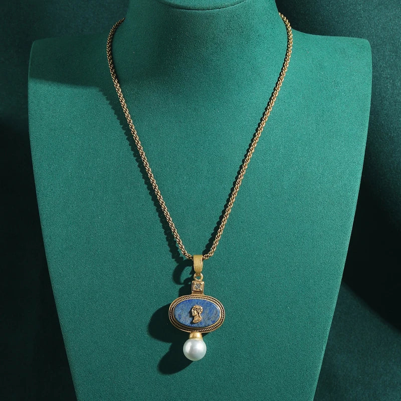 Vintage Cameo Jewelry Set Woman Avatar Pendent Pearl Necklace Lapis Lazuli Stud Earrings Blue Natural Stone Wedding Party 2026 - Charlie Dolly