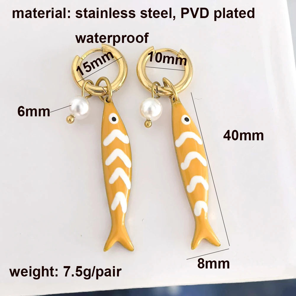 Fish Pearl Gold Hoop Drop Earrings Jewelry