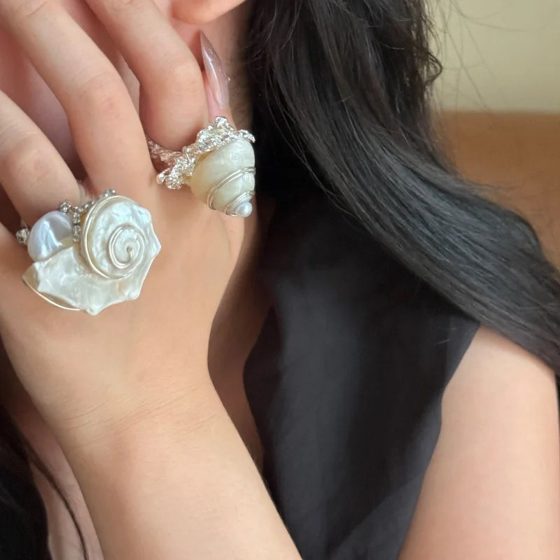 Natural Sea Snail Shell Wire Wrapped Pearl Boho Ring