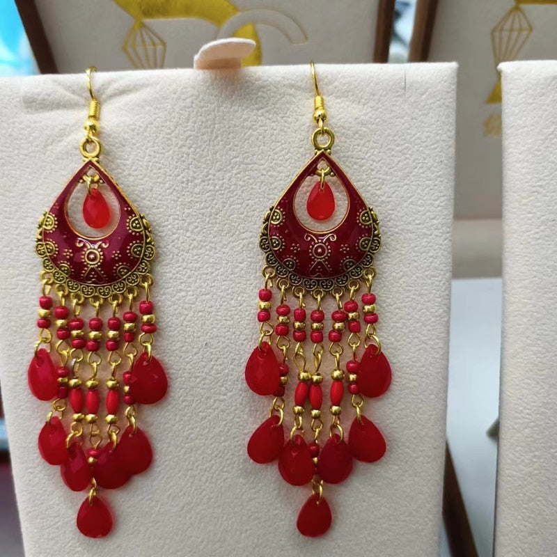 Vintage Bohemian Ethnic Style Earrings Long Rice Bead Tassel Earrings FOR WOMEN Alloy Dripping Oil Long Tassel Earrings - Charlie Dolly
