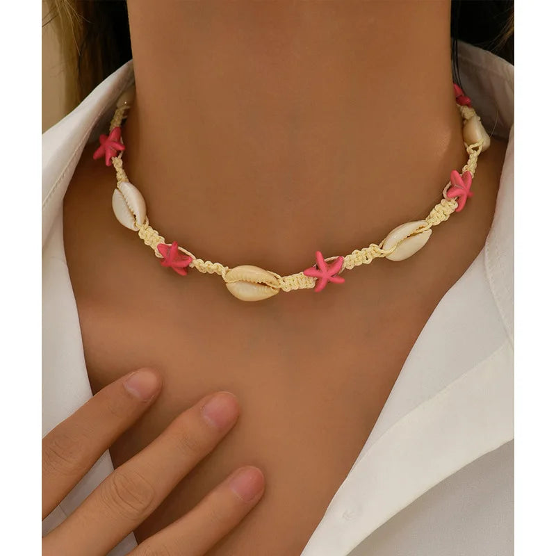 Cowrie Shell Boho Choker with Blue Starfish Beads