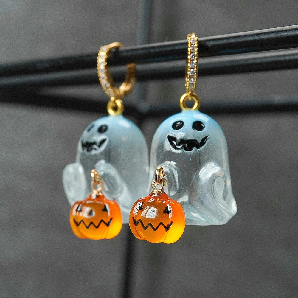 Fashion Halloween Ghost Drop Stud Earrings Women Girl Cute Punk Pumpkin Stainless Steel Jewelry Crystal Hook Dangle Party Gifts - Charlie Dolly