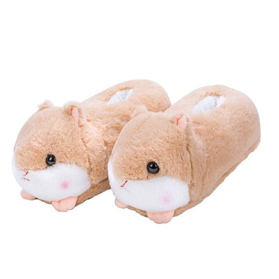 Cute Cartoon Hamster Design House Women Fur Slippers Gray Pink Brown Winter Warm Ladies Plush Shoes Onesize Fluffy Girls Slides