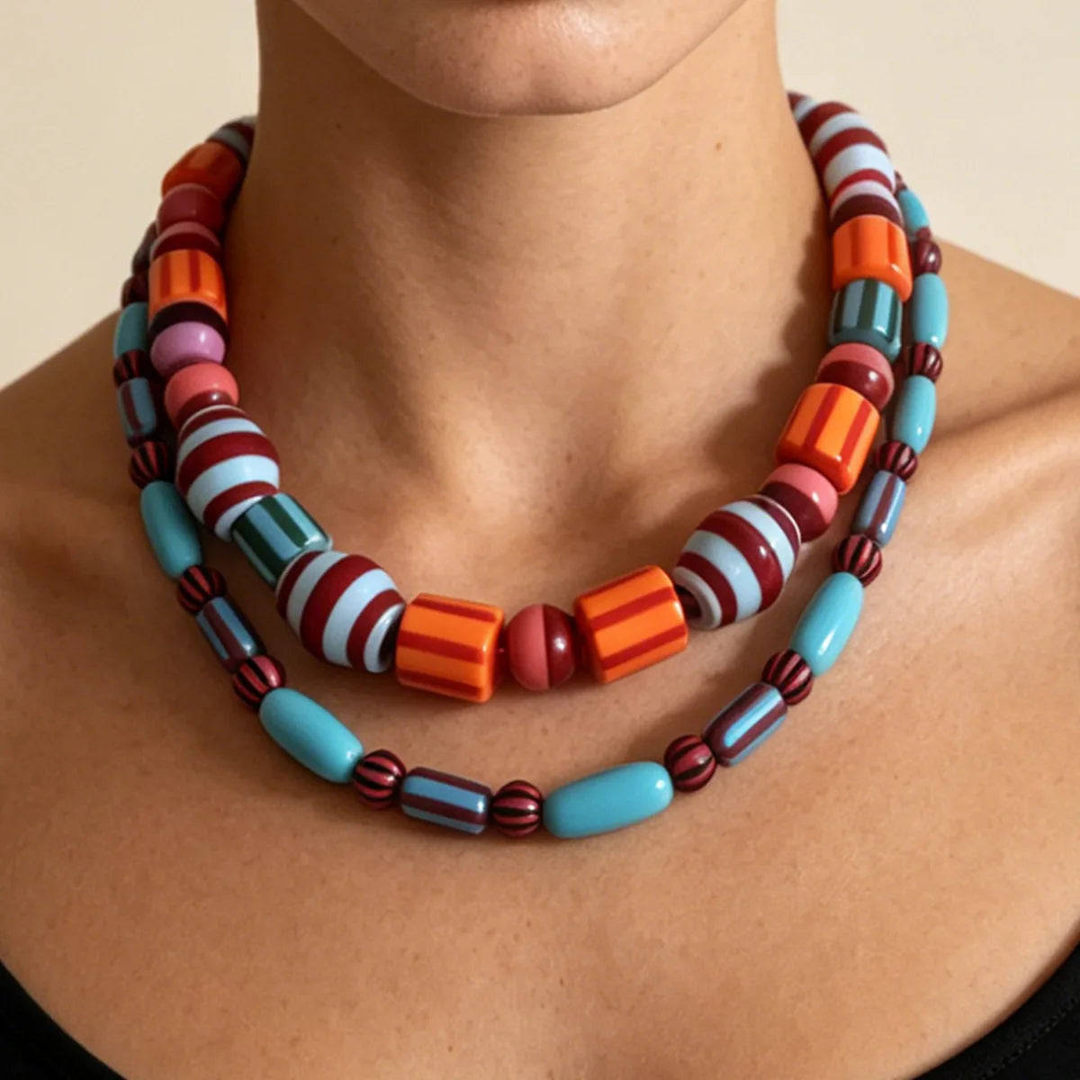 Colorful Resin Bead Double Layer Choker Necklace Jewelry