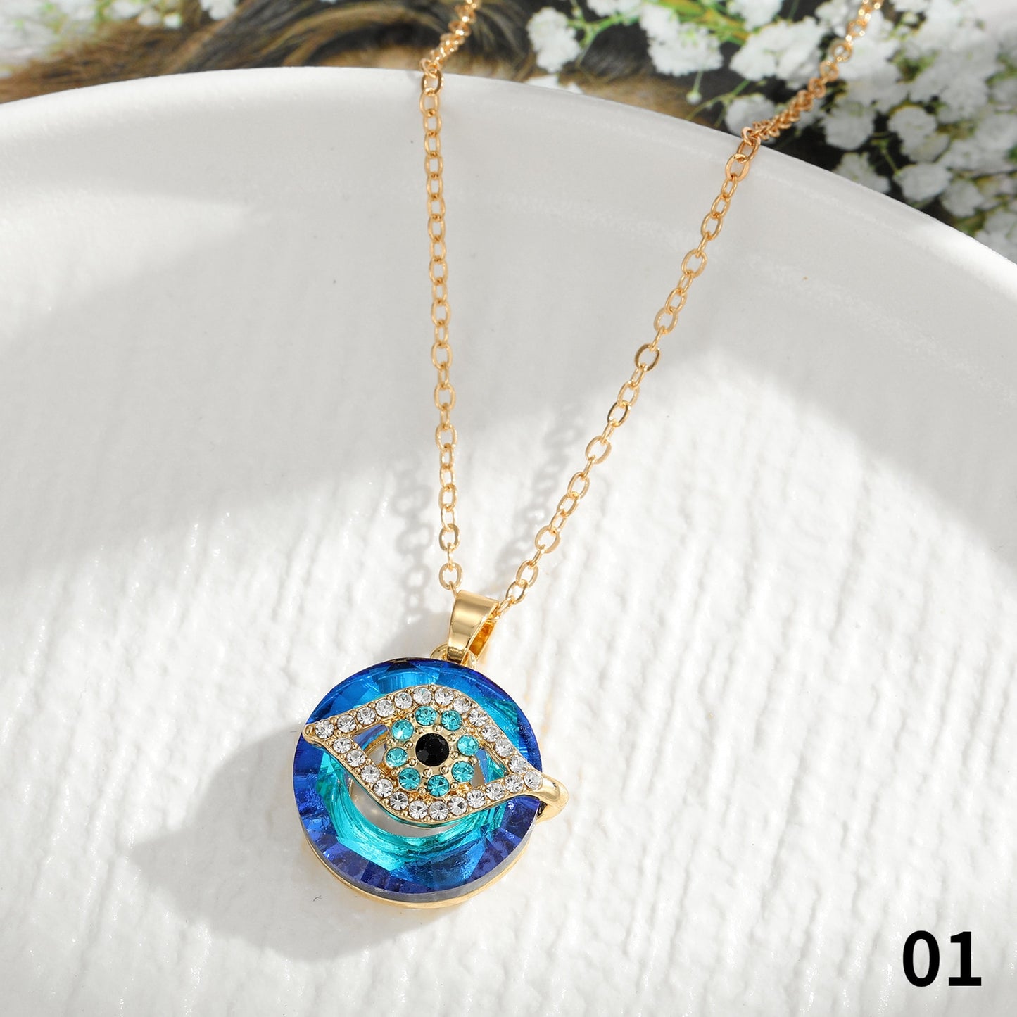 Fashion Evil Eye Pendant Necklaces for Women Men Vintage Crystal Rhinestone Geometric Blue Eye Sweater Chain Necklace Jewelry