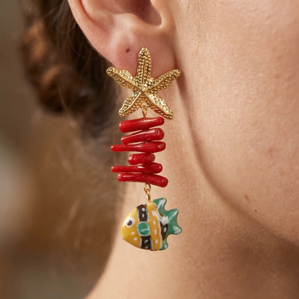 Ceramic Fish Starfish Coral Ocean Earrings Jewelry