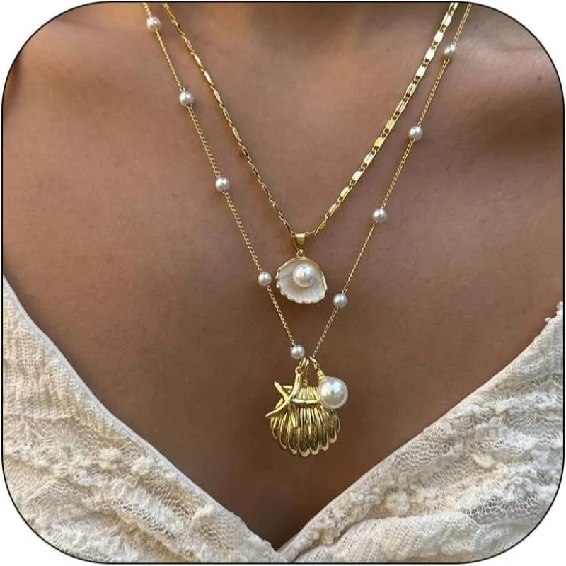 Gold Seashell and Starfish Layered Pendant Necklace