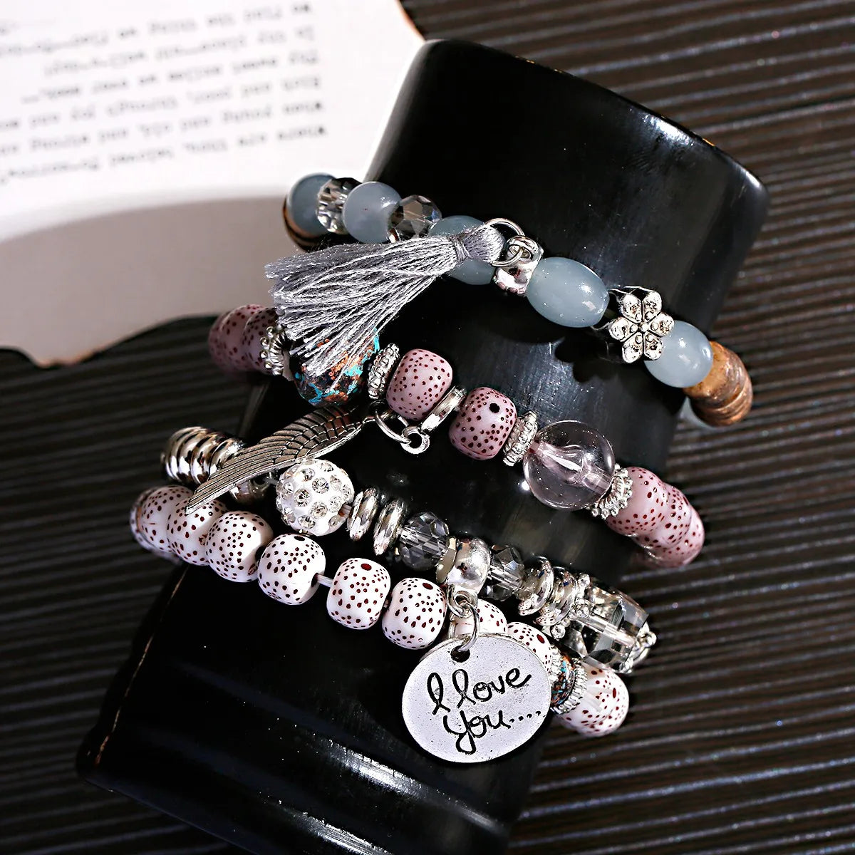 New Bohemian White Beads Tassel Bracelets Set Women Natural Lava Stone Alloy Wing Pendant Charm Bangle Boho Jewelry - Charlie Dolly