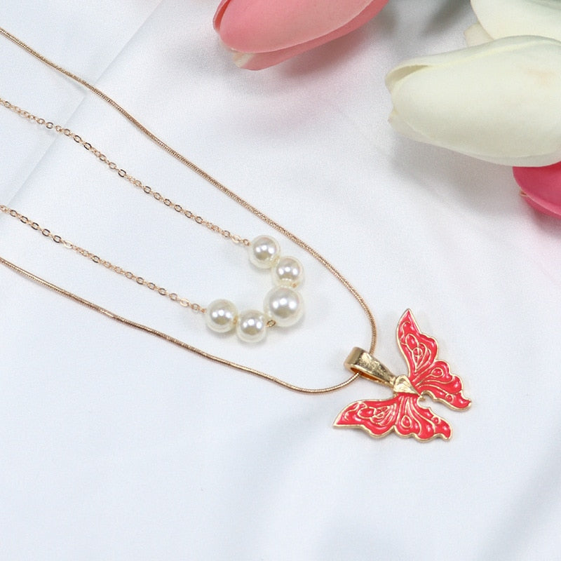 Trendy Barbie Princess Pearl Enamel Butterfly Choker Necklace For Women Holiday Party Gift Fashion Jewelry Accessories N049