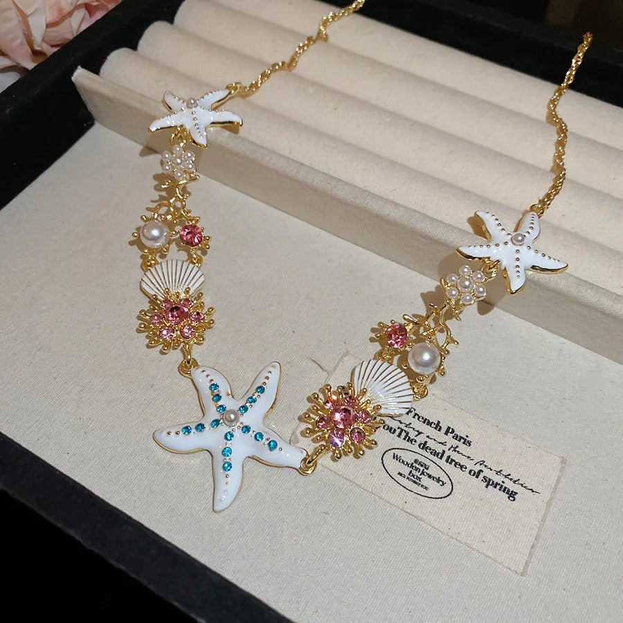 Marine Starfish Shell and Coral Pendant Necklace